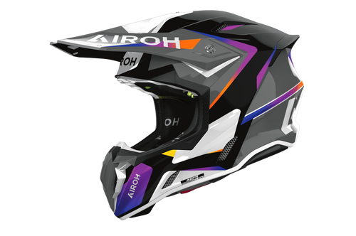 Casco cross Airoh Twist 3 Hustle nero viola, vista tre quarti anteriore sinistra