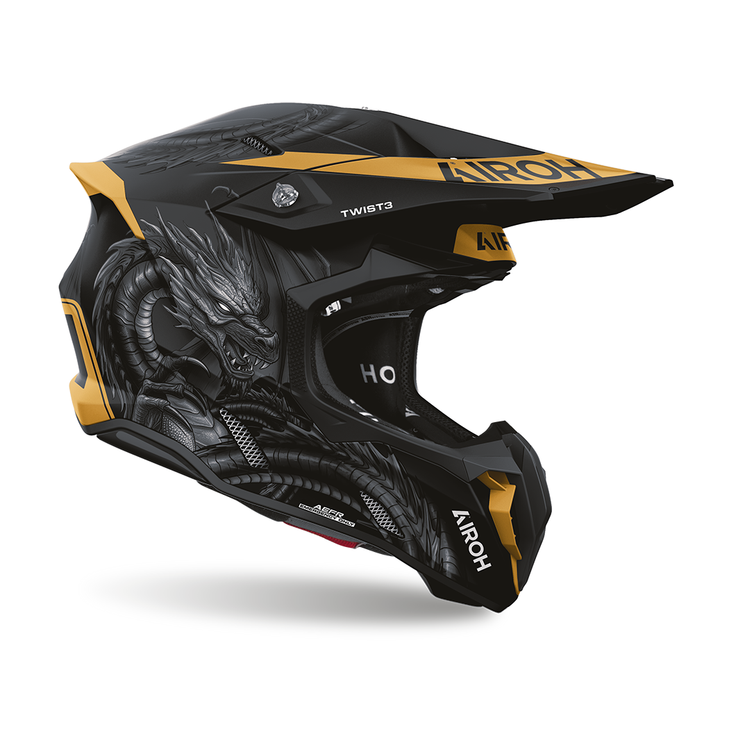 Airoh Twist 3 Malefycient Nero/Oro Opaco (TW3MA17), casco cross visto di lato con frontino, grafica nera opaca con dettagli oro e un drago grigio