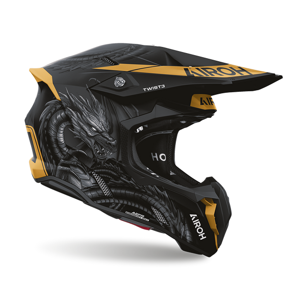 Airoh Twist 3 Malefycient Nero/Oro Opaco (TW3MA17), casco cross visto di lato con frontino, grafica nera opaca con dettagli oro e un drago grigio