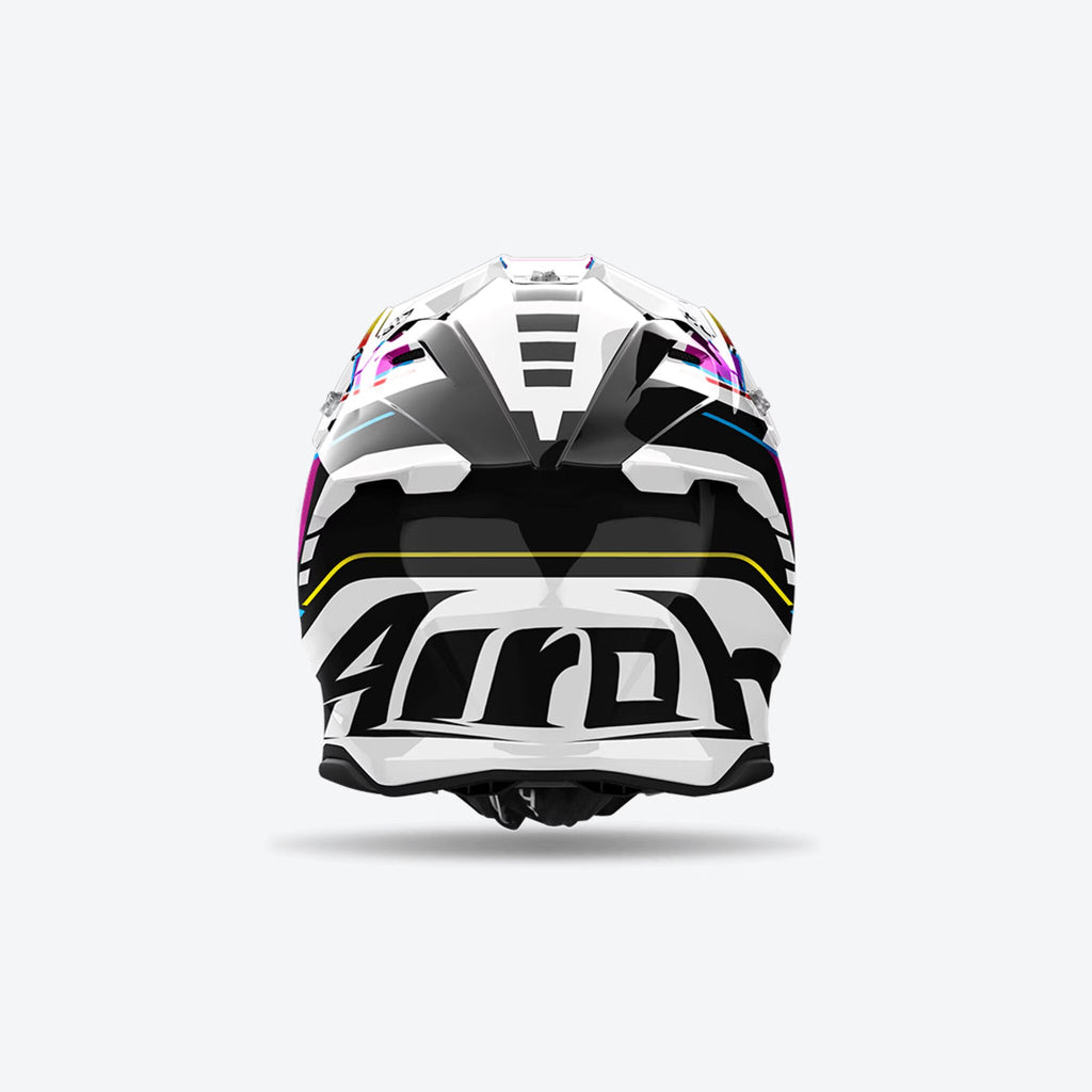Twist 3 Rainbow Airoh in bianco multicolore, vista posteriore con calotta HRT ed estrattori