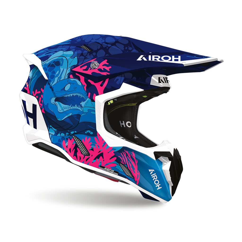 Airoh Twist 3 Underwater Blu/Azzurro Lucido (TW3U35), casco cross visto di lato con frontino, grafica blu, azzurra e bianca con coralli fucsia, lucida
