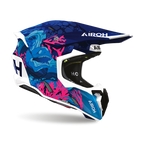Airoh Twist 3 Underwater Blu/Azzurro Lucido (TW3U35), casco cross visto di lato con frontino, grafica blu, azzurra e bianca con coralli fucsia, lucida