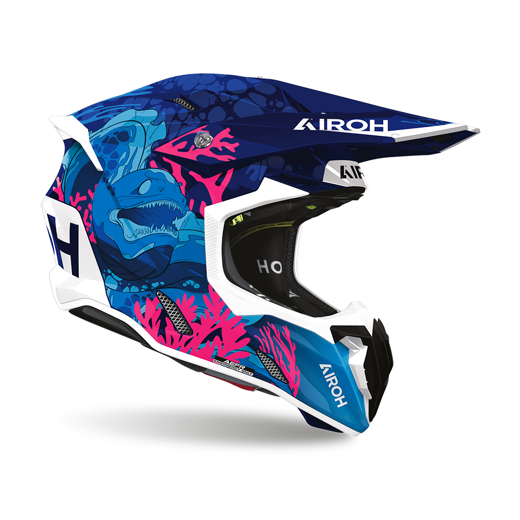 Airoh Twist 3 Underwater Blu/Azzurro Lucido (TW3U35), casco cross visto di lato con frontino, grafica blu, azzurra e bianca con coralli fucsia, lucida