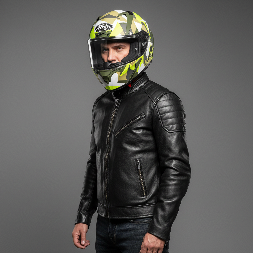 Uomo in giacca di pelle nera con il casco integrale Airoh Valor Army mimetico indossato, in studio