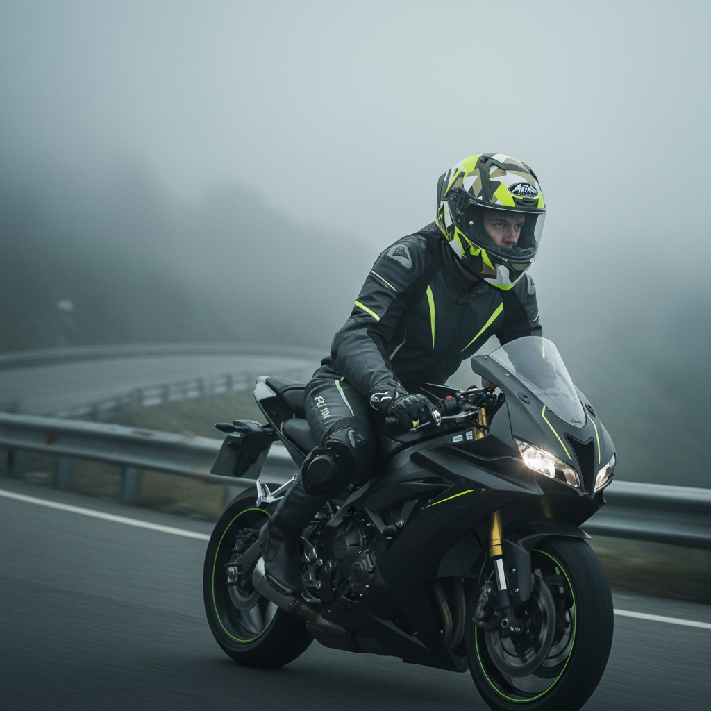 Pilota su moto sportiva nera nella nebbia con il casco integrale Airoh Valor Army