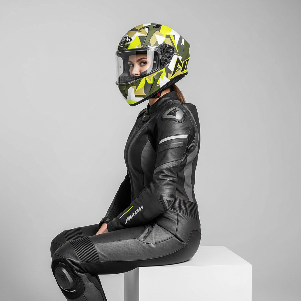 Figura in tuta di pelle nera seduta di profilo con il casco Airoh Valor Army, in studio