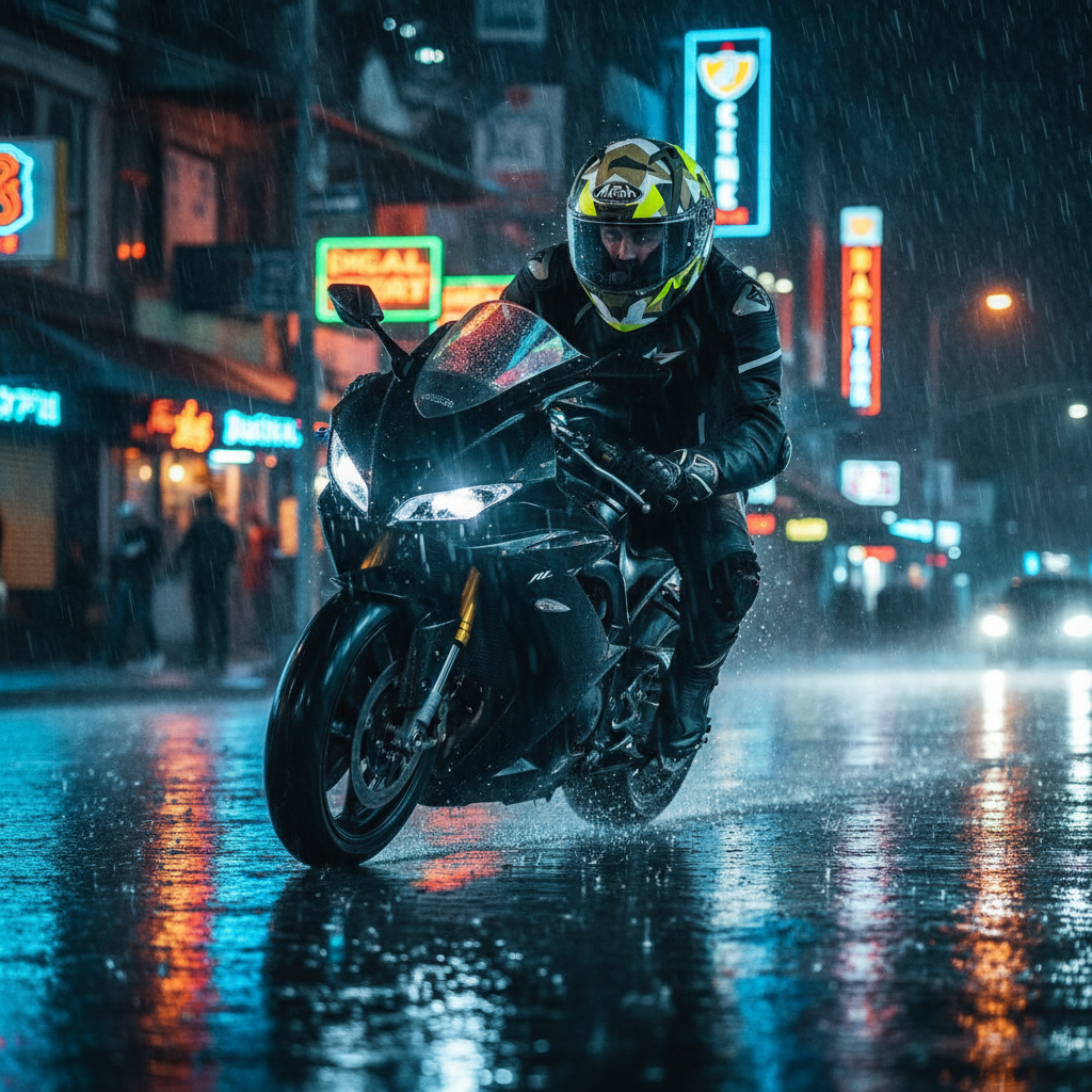 Motociclista su strada bagnata fra le insegne al neon con il casco Airoh Valor Army