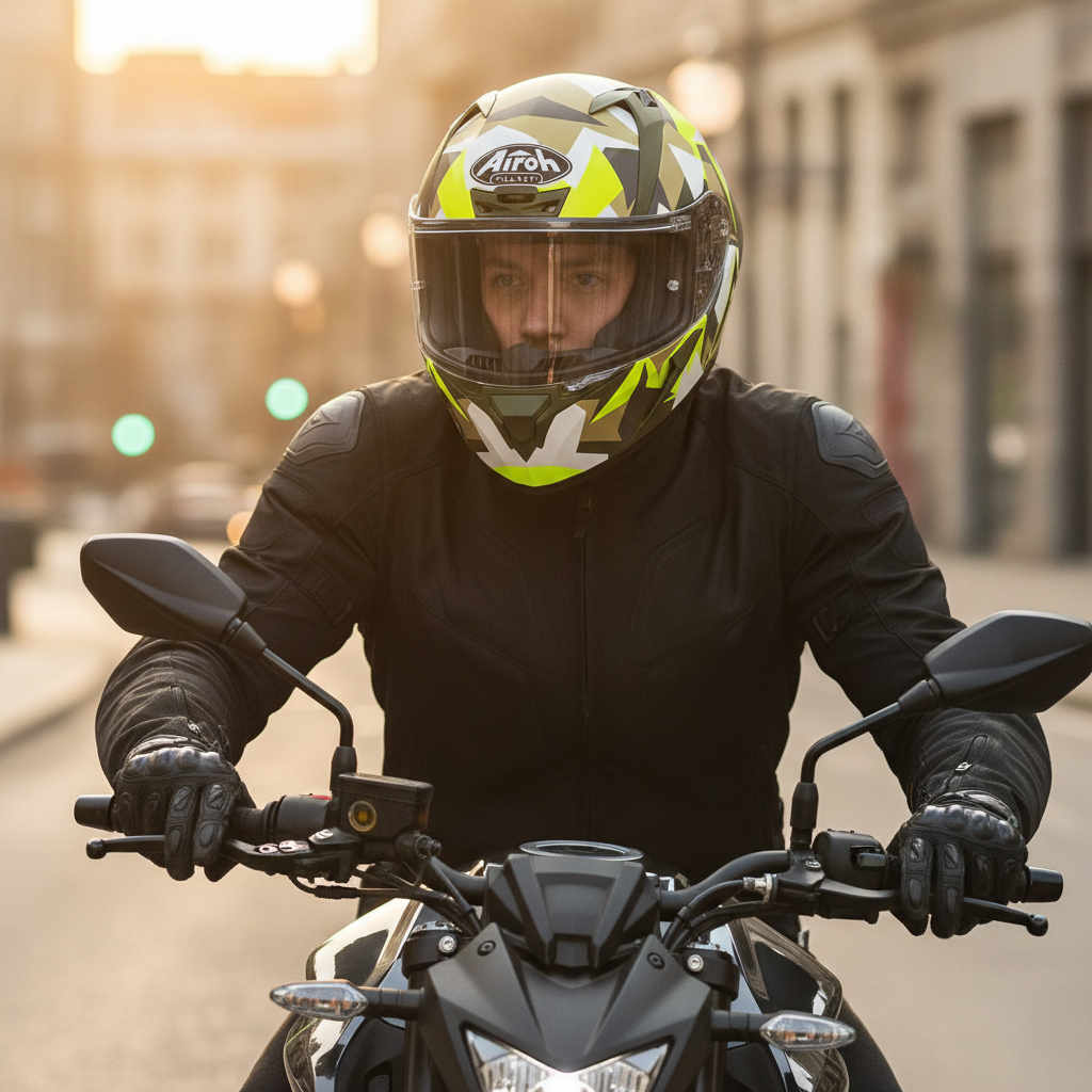 Motociclista su moto naked in città con il casco Airoh Valor Army mimetico verde e giallo fluo
