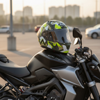 Casco Airoh Valor Army mimetico appoggiato sul serbatoio di una moto naked nera in un parcheggio