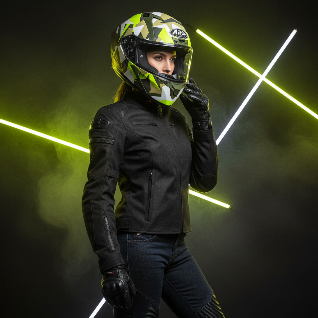 Motociclista in piedi fra fasci di luce con il casco Airoh Valor Army mimetico