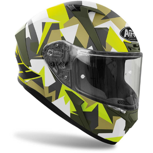 Airoh Valor Army mimetico verde militare, giallo fluo e bianco di tre quarti anteriore destro, visiera trasparente