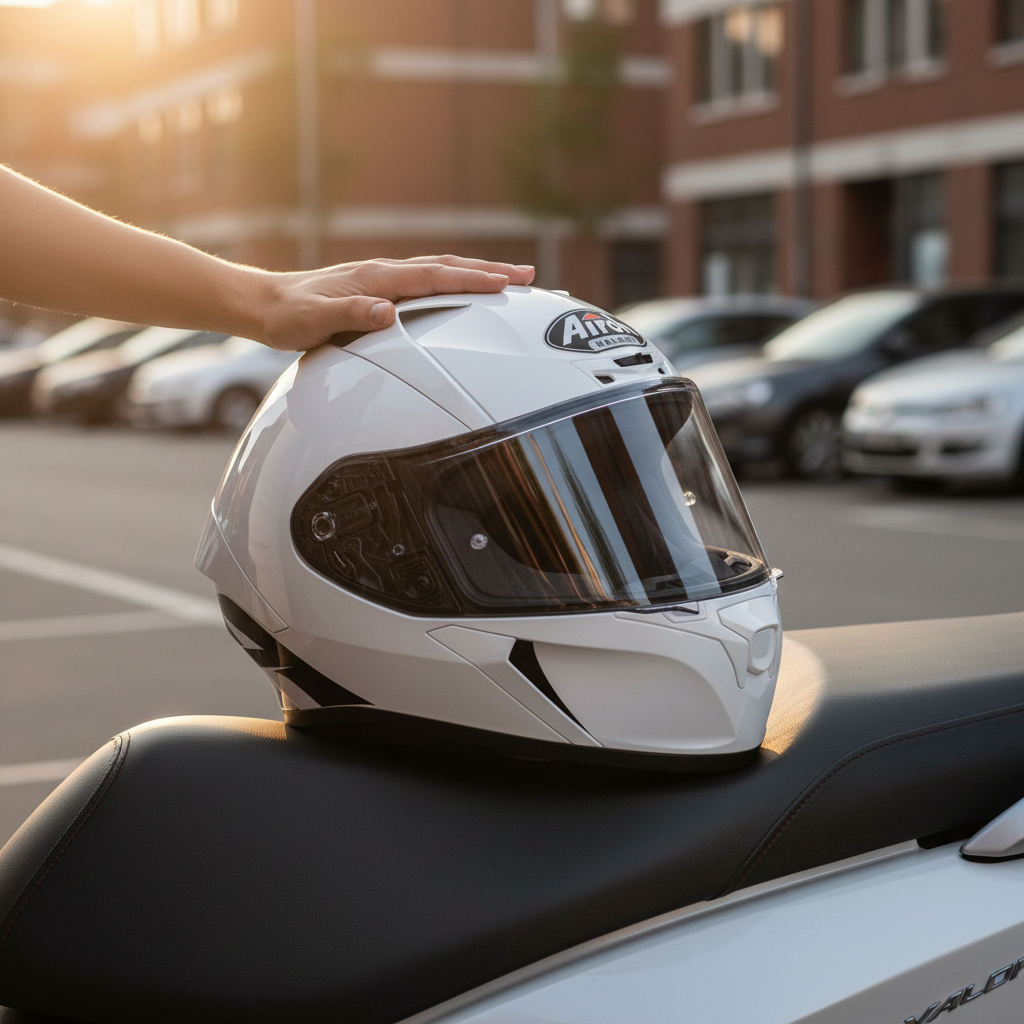 Casco integrale Airoh Valor bianco lucido appoggiato su una sella, in una strada di città