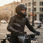 Motociclista con casco Airoh Valor nero opaco in sella a una moto naked in città