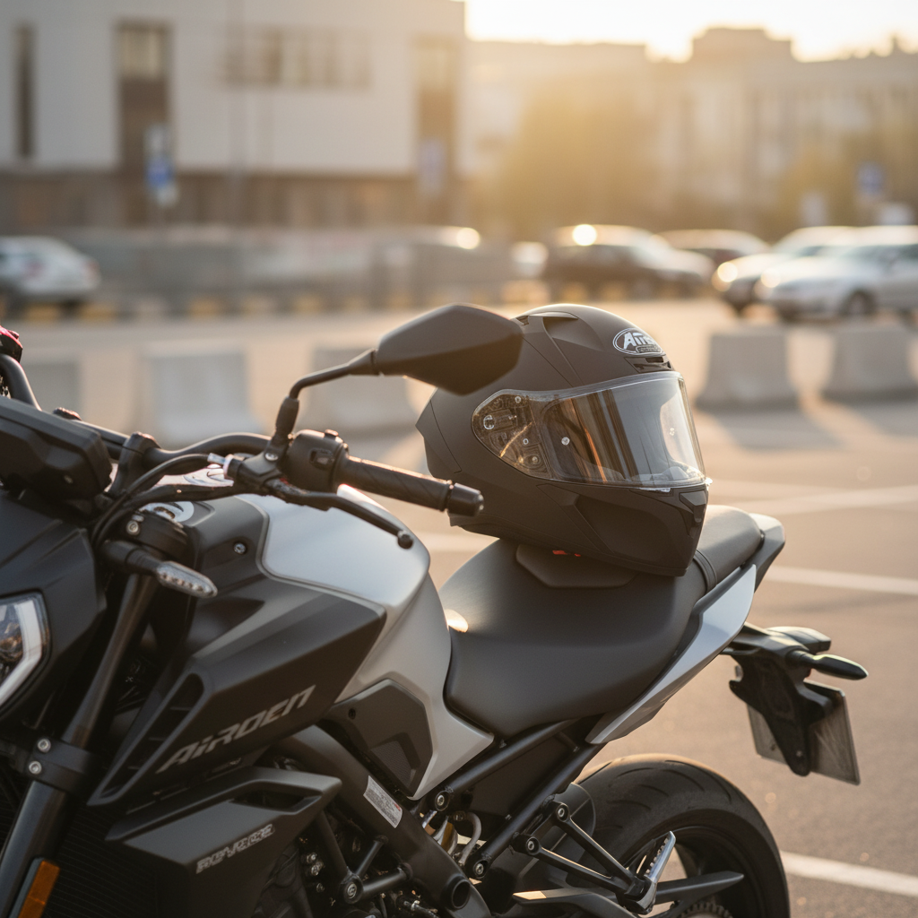 Casco integrale Airoh Valor nero opaco appoggiato su una moto naked in un parcheggio urbano