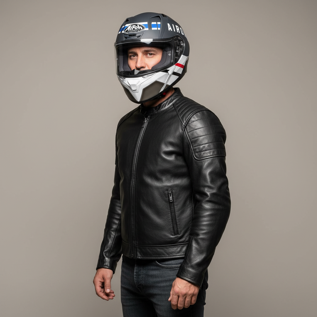 Uomo in piedi in giacca di pelle nera con il casco Airoh Valor Craft, in studio