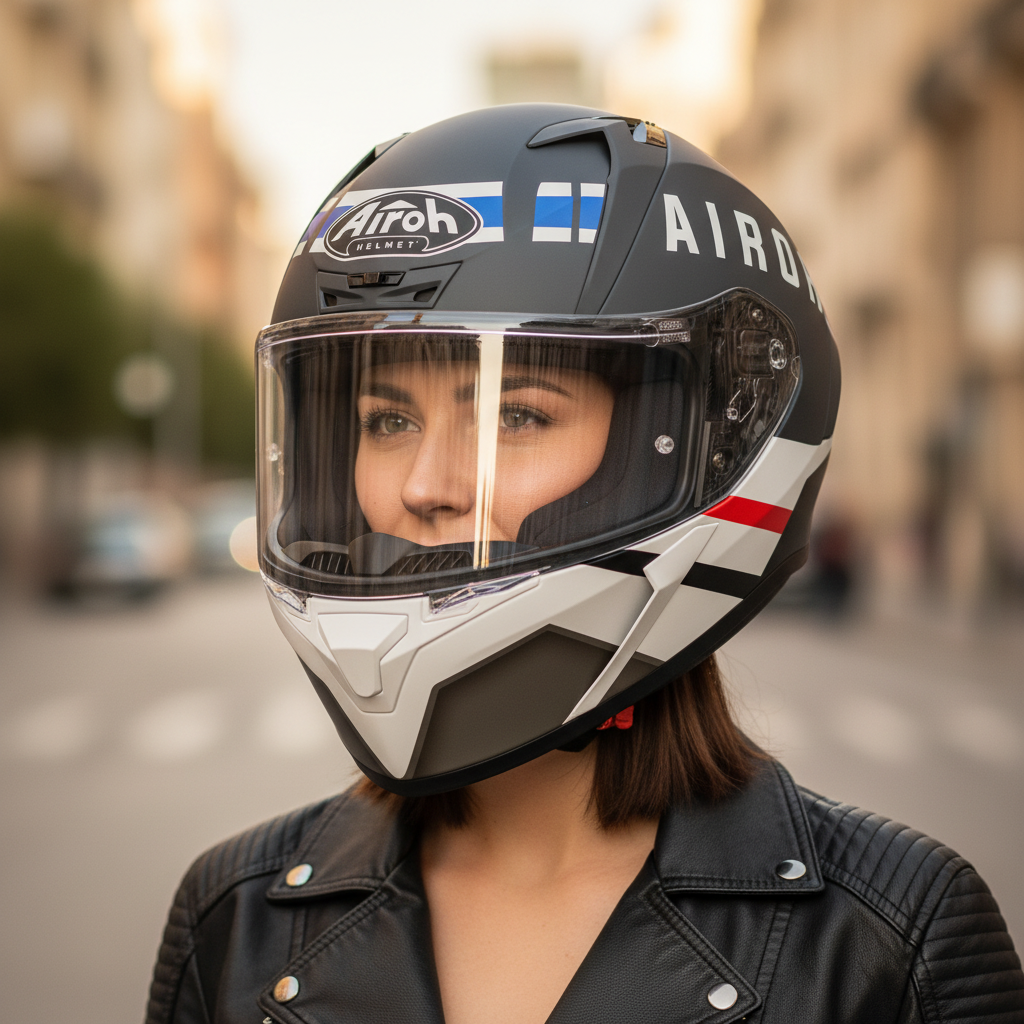 Donna con il casco integrale Airoh Valor Craft antracite e bianco indossato, in città