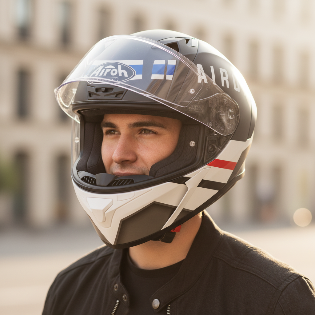 Ritratto di uomo in città con il casco Airoh Valor Craft antracite e bianco
