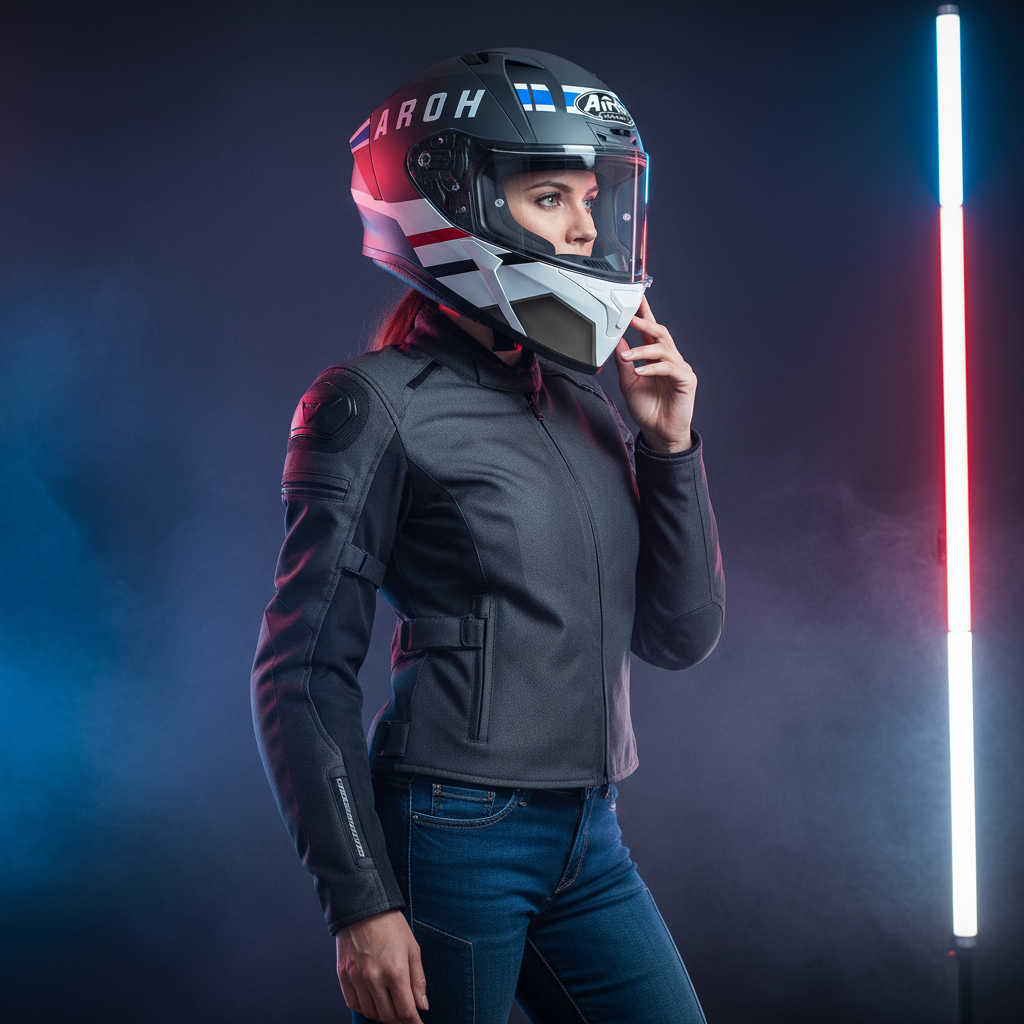 Donna con la mano sul casco Airoh Valor Craft accanto a un tubo luminoso bianco, rosso e blu