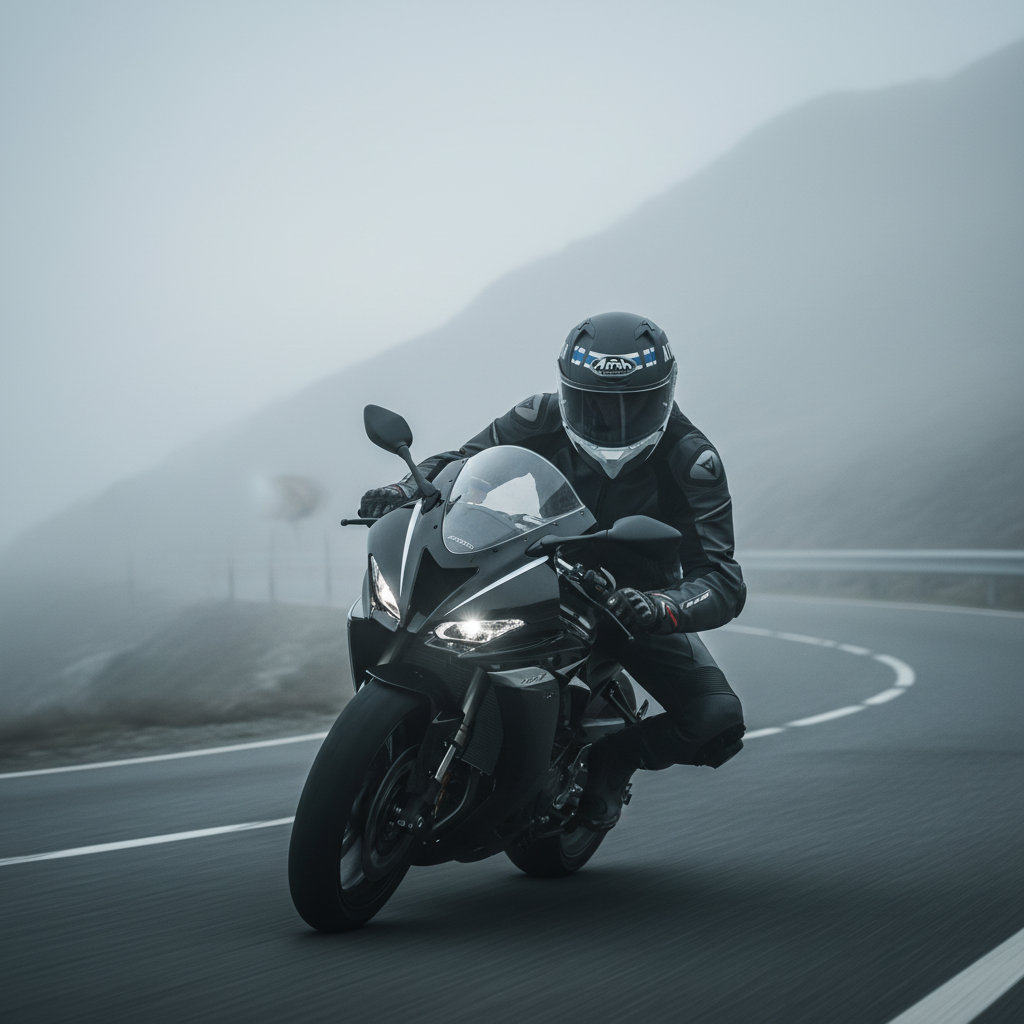 Pilota su moto sportiva nera nella nebbia con il casco integrale Airoh Valor Craft