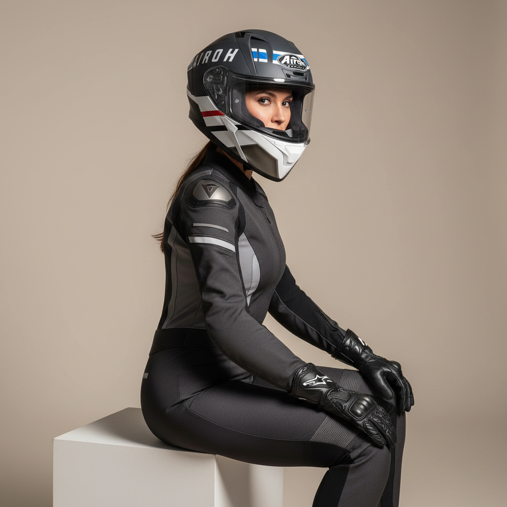 Motociclista donna seduta in studio con il casco Airoh Valor Craft antracite e bianco