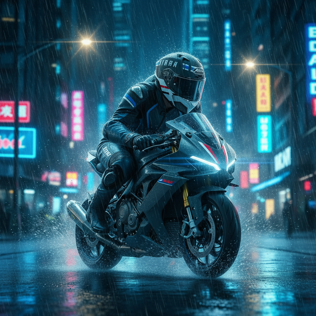 Motociclista su strada bagnata fra le insegne al neon con il casco Airoh Valor Craft