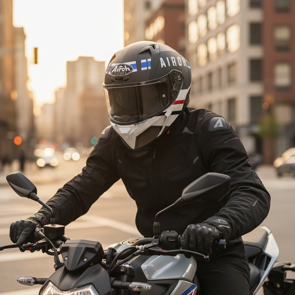 Motociclista su moto naked in una strada di città con il casco Airoh Valor Craft