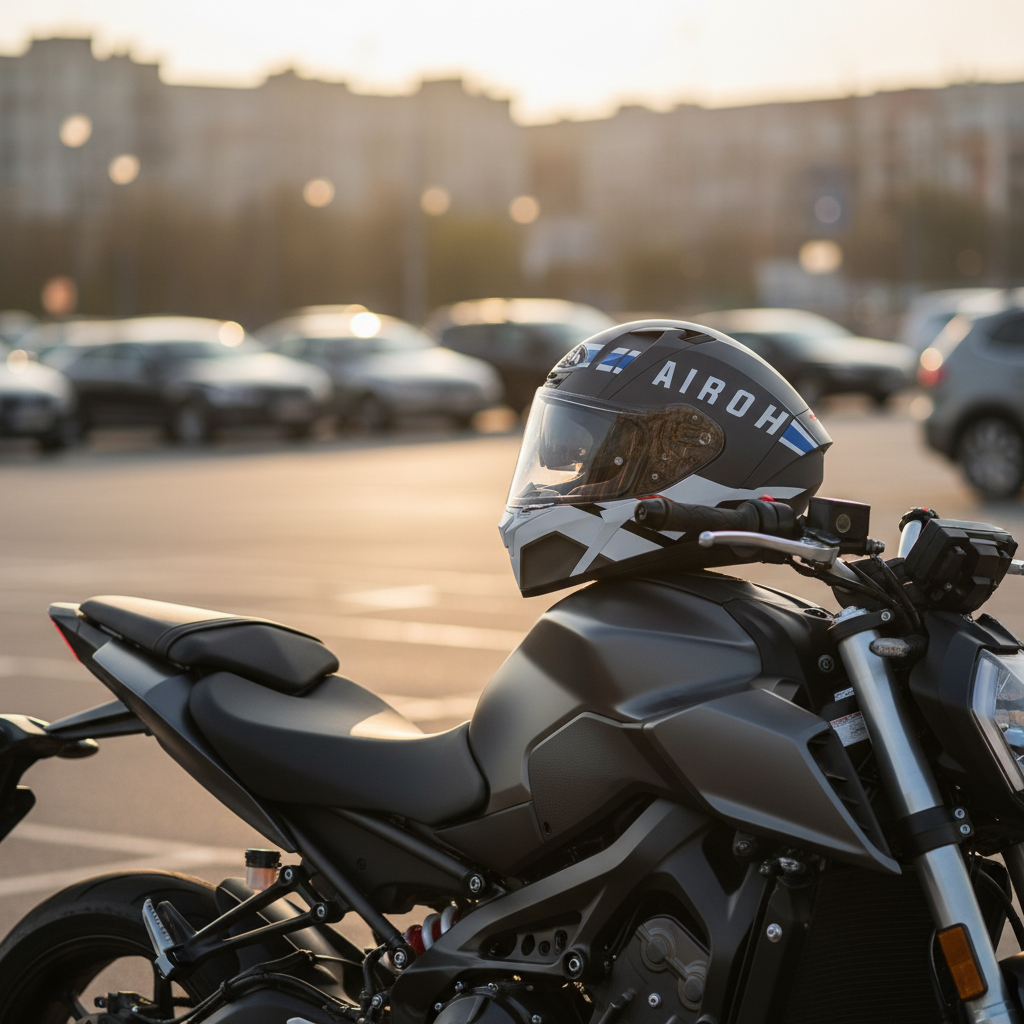 Casco Airoh Valor Craft appoggiato sul serbatoio di una moto naked nera in un parcheggio