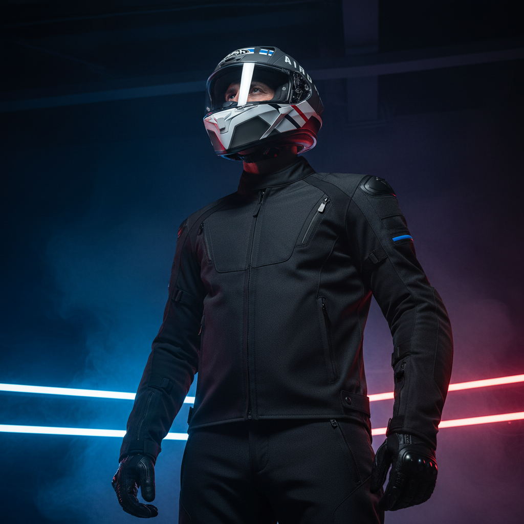 Motociclista fra barre luminose rosse e blu con il casco Airoh Valor Craft
