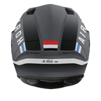 Airoh Valor Craft grigio antracite opaco visto dal retro, con strisce rossa, bianca e blu e scritta #Ride on