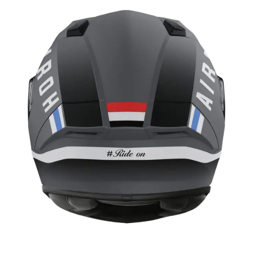 Airoh Valor Craft grigio antracite opaco visto dal retro, con strisce rossa, bianca e blu e scritta #Ride on