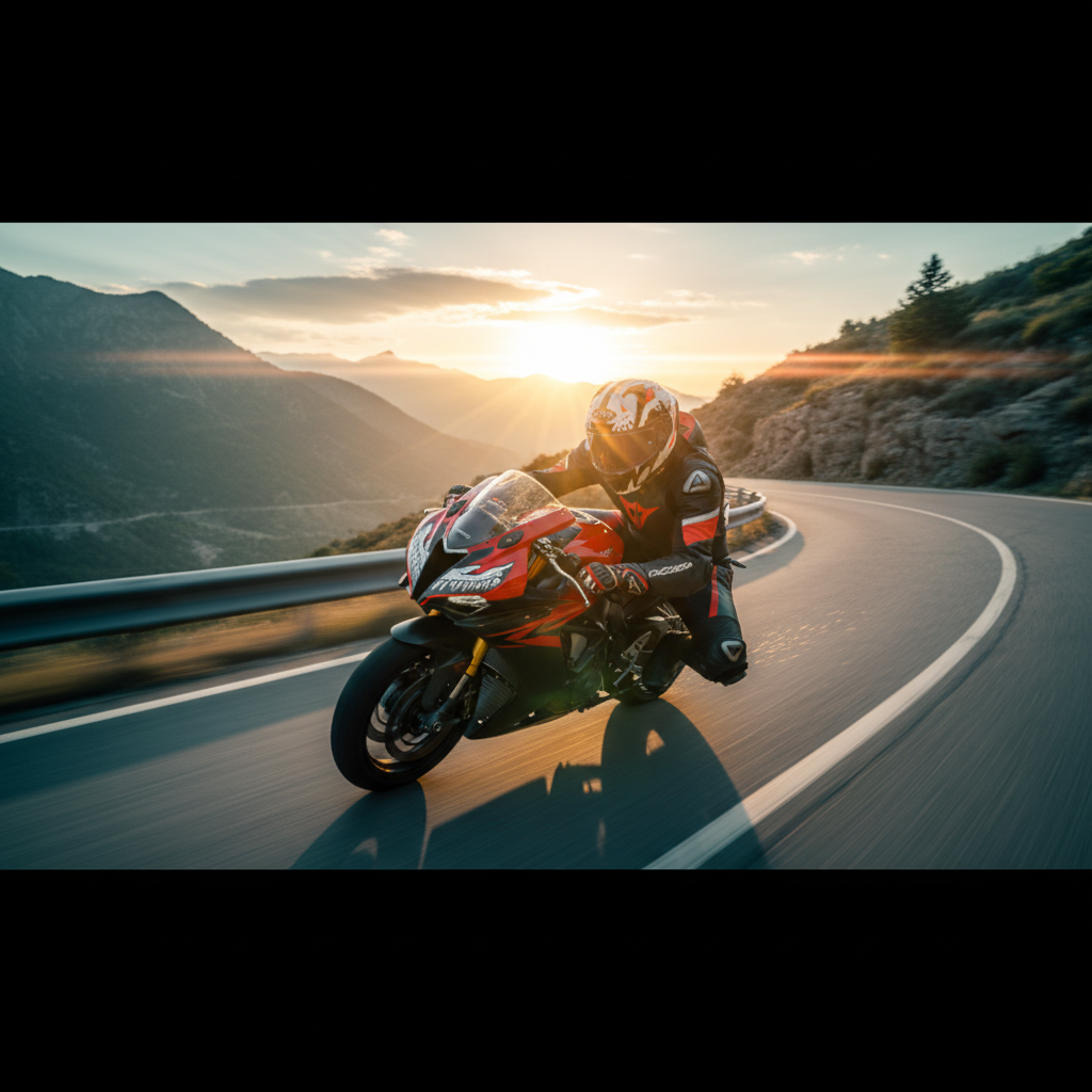 Pilota su moto sportiva al tramonto con il casco Airoh Valor Nexy