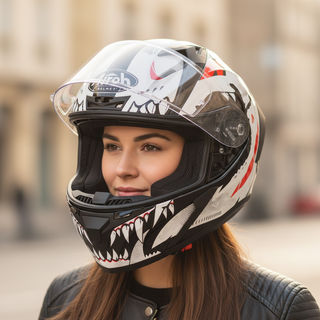 Donna sorridente con il casco Airoh Valor Nexy bianco, nero e rosso indossato, in città