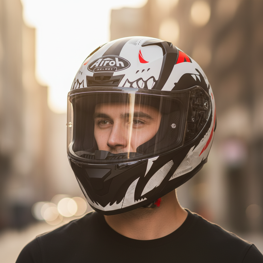Ritratto di uomo in città con il casco Airoh Valor Nexy bianco e nero