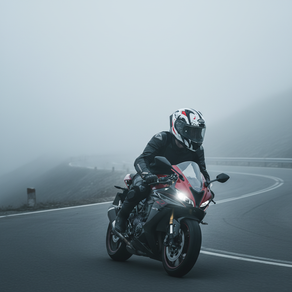 Pilota su moto sportiva nella nebbia con il casco integrale Airoh Valor Nexy