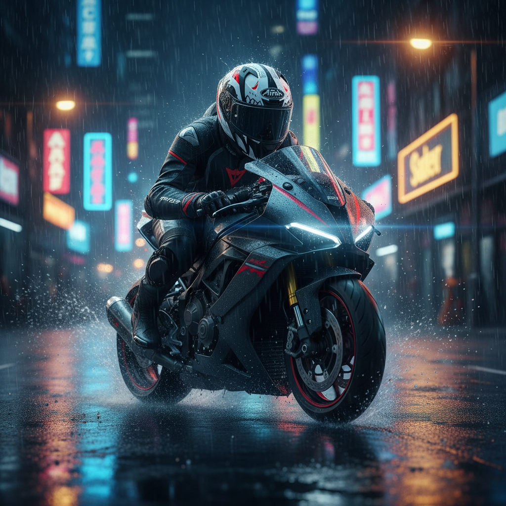 Motociclista di notte su strada bagnata fra le insegne al neon con il casco Airoh Valor Nexy