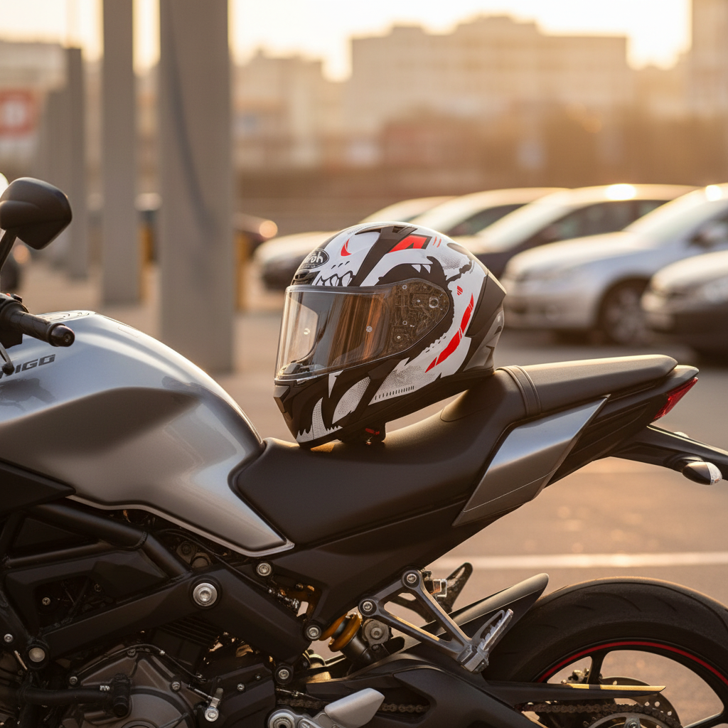 Casco Airoh Valor Nexy appoggiato sul serbatoio di una moto naked in un parcheggio