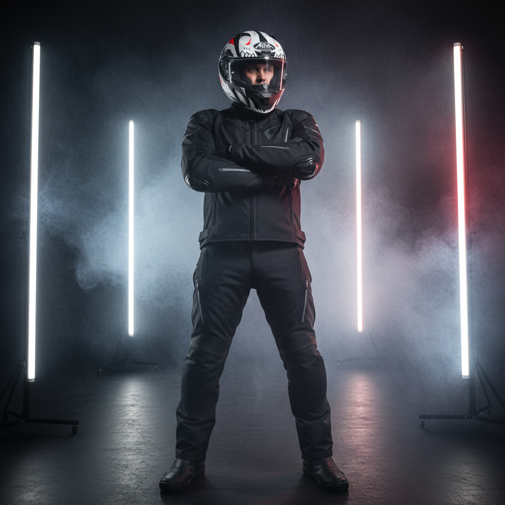 Motociclista in piedi fra barre luminose bianche con il casco Airoh Valor Nexy