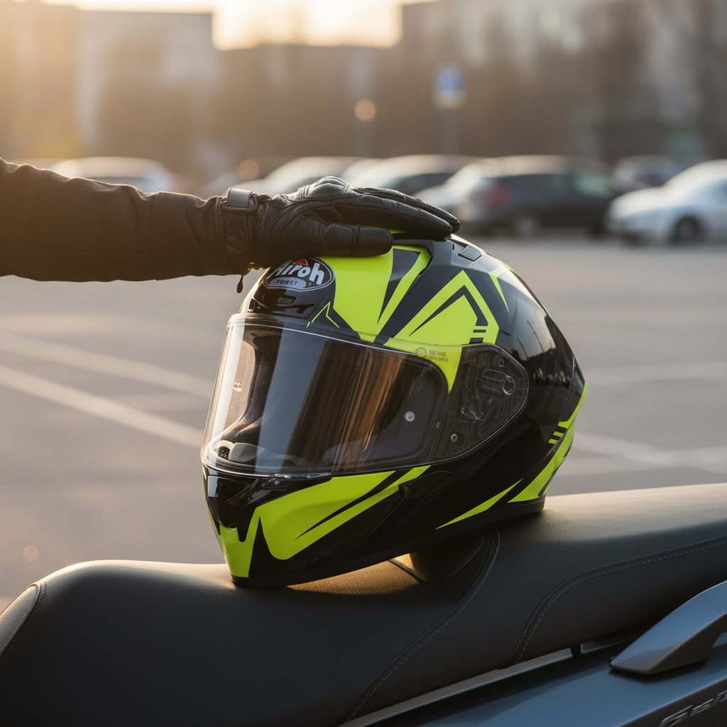 Mano che appoggia il casco Airoh Valor Raptor nero e giallo fluo sulla sella di una moto in un parcheggio