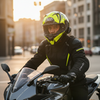 Motociclista su moto sportiva in città con il casco Airoh Valor Raptor nero e giallo fluo
