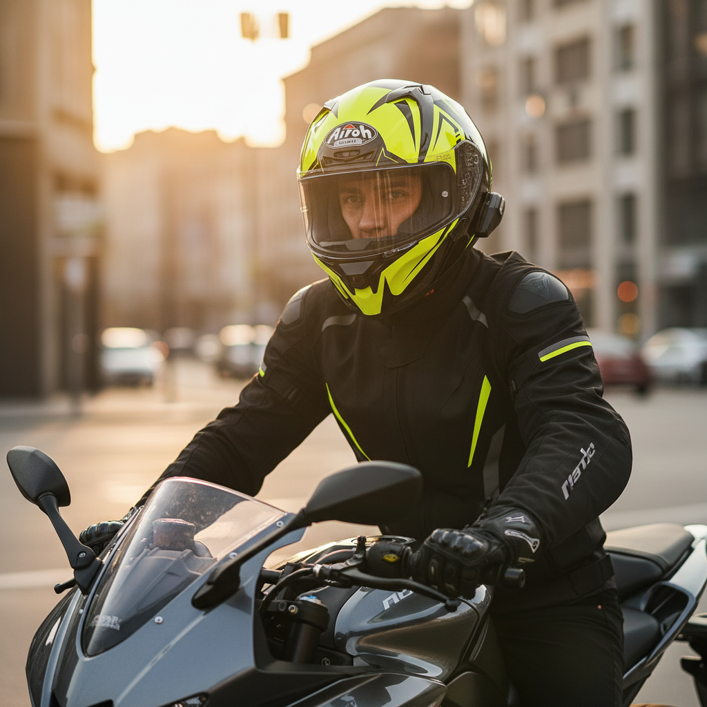 Motociclista su moto sportiva in città con il casco Airoh Valor Raptor nero e giallo fluo