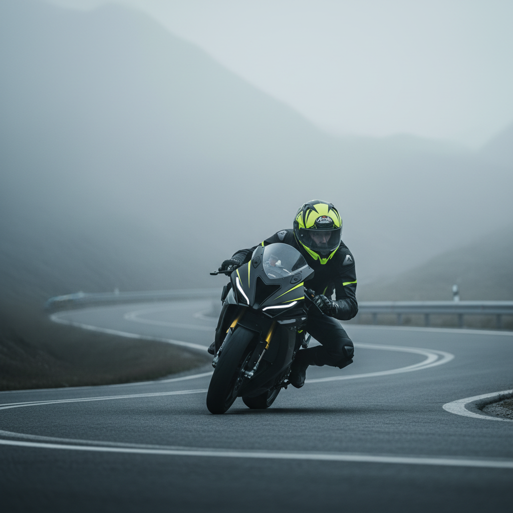 Motociclista in piega su moto sportiva nella nebbia con il casco Airoh Valor Raptor