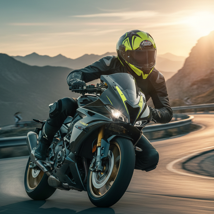 Motociclista con il casco Airoh Valor Raptor su moto sportiva in una strada di montagna al tramonto