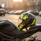 Casco Airoh Valor Raptor nero e giallo fluo appoggiato sulla sella di una moto sportiva nera in un parcheggio