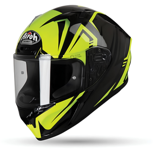 Airoh Valor Raptor VAR31 casco integrale nero lucido e giallo fluo di tre quarti anteriore sinistro, visiera trasparente