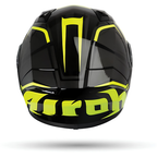 Airoh Valor Raptor nero lucido visto dal retro, con grande scritta Airoh gialla e fasce giallo fluo