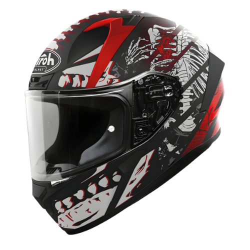 Airoh Valor Ribs VAR55 casco integrale nero opaco con scheletro rosso e bianco, tre quarti anteriore sinistro, visiera trasparente