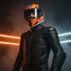 Motociclista in giacca nera con il casco Airoh Valor Wings arancio e nero su sfondo scuro
