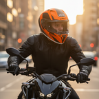 Motociclista in città su moto naked con il casco Airoh Valor Wings arancio e nero