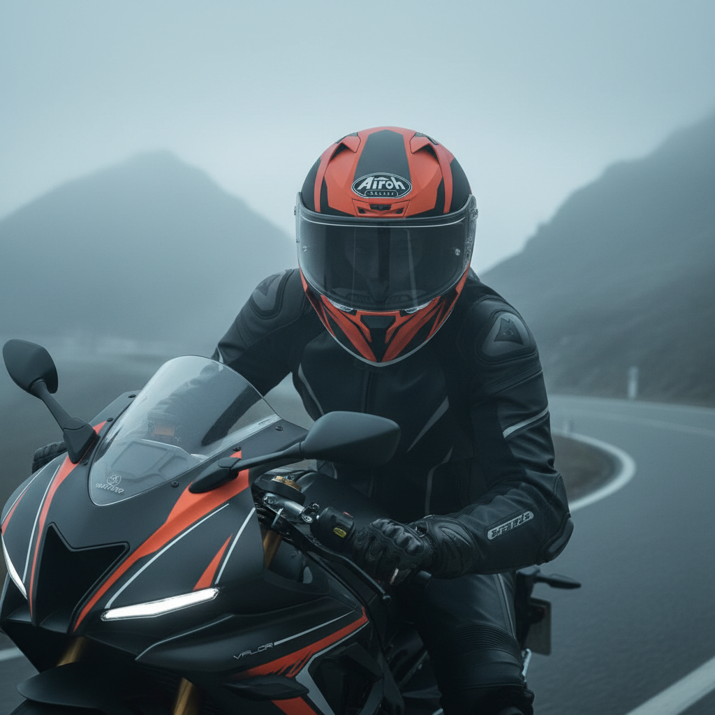 Motociclista su moto sportiva nella nebbia con il casco integrale Airoh Valor Wings