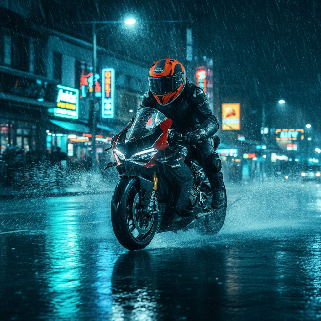 Motociclista su moto sportiva di notte sotto la pioggia, fra insegne al neon, con il casco Airoh Valor Wings